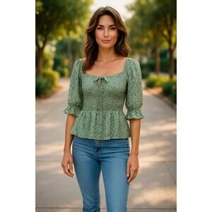 Indigo Rising NWOT Floral Peplum Top Size XL Green Smocked Cotton Blend Boho *